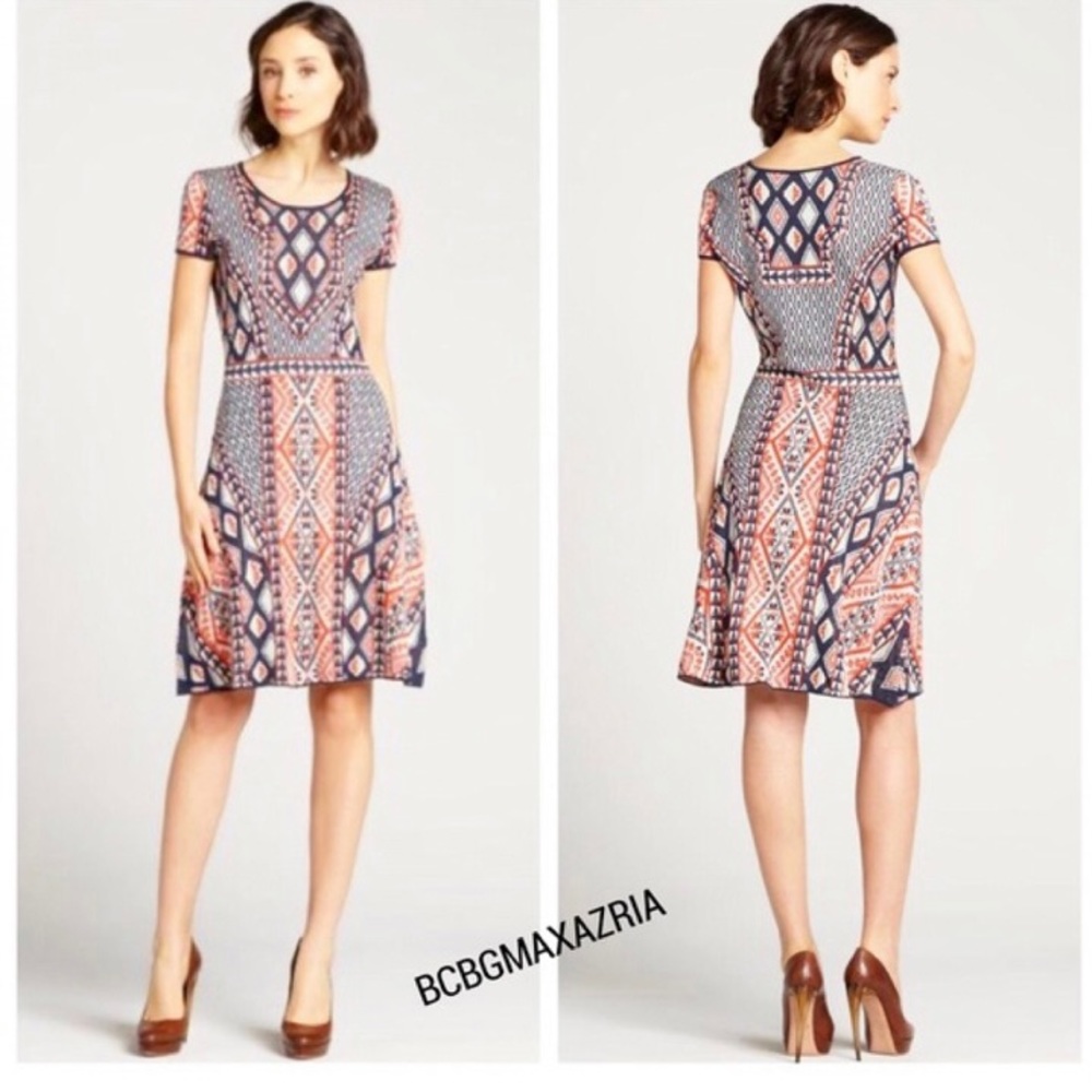 BCBGMAXAZRIA Kayla Silk Geometric Aztec Knit Dress Size small